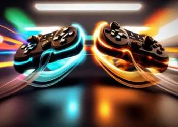 Video game controller with bright neon light streaks computer gamer background